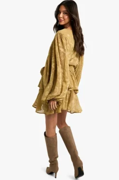 Skater Dresses*boohoo Floral Jacquard Tiered Belted Skater Dress khaki