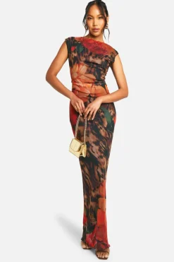 Maxi Dresses|Dresses*boohoo Floral Leopard Printed Mesh Maxi Dress brown