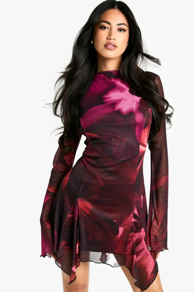 Skater Dresses*boohoo Floral Long Sleeve Godet Mini Dress plum