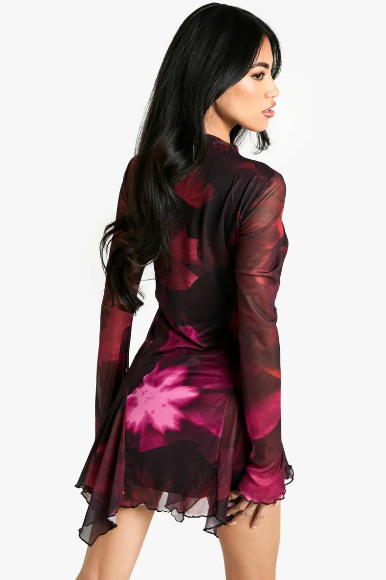 Skater Dresses*boohoo Floral Long Sleeve Godet Mini Dress plum