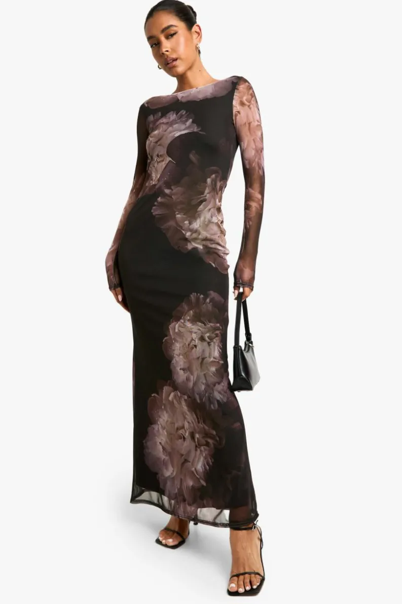 Maxi Dresses*boohoo Floral Long Sleeve Mesh Maxi Dress black