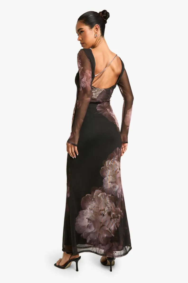Maxi Dresses*boohoo Floral Long Sleeve Mesh Maxi Dress black