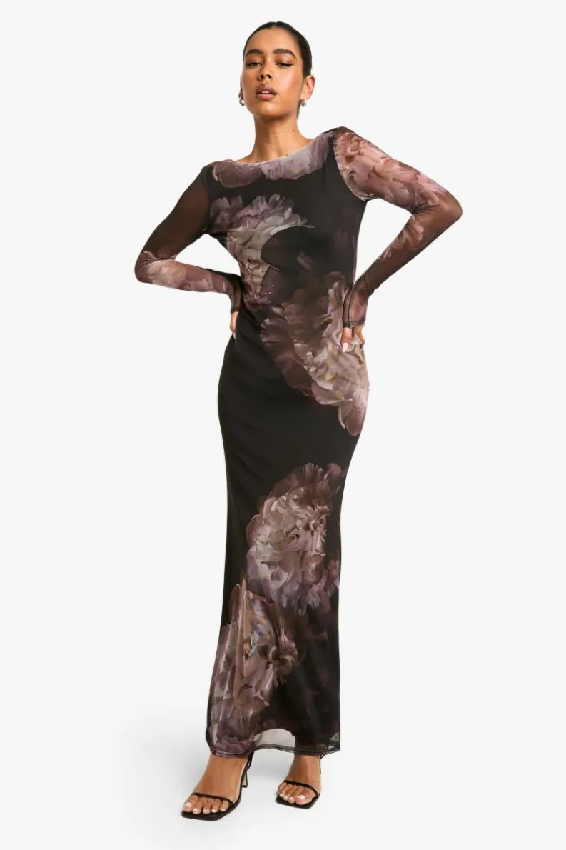 Maxi Dresses*boohoo Floral Long Sleeve Mesh Maxi Dress black