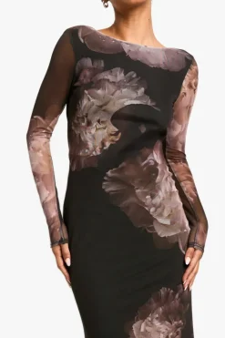 Maxi Dresses*boohoo Floral Long Sleeve Mesh Maxi Dress black
