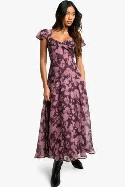 Skater Dresses*boohoo Floral Long Sleeve Twist Front Midaxi Dress plum