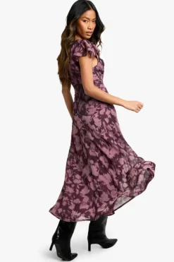 Skater Dresses*boohoo Floral Long Sleeve Twist Front Midaxi Dress plum