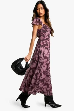 Skater Dresses*boohoo Floral Long Sleeve Twist Front Midaxi Dress plum