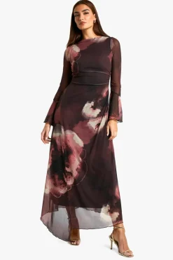 Maxi Dresses|Long Sleeve Dresses*boohoo Floral Mesh Ruched Flare Sleeve Maxi Dress plum
