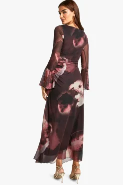 Maxi Dresses|Long Sleeve Dresses*boohoo Floral Mesh Ruched Flare Sleeve Maxi Dress plum