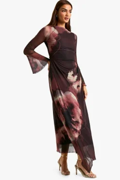 Maxi Dresses|Long Sleeve Dresses*boohoo Floral Mesh Ruched Flare Sleeve Maxi Dress plum