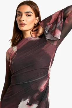 Maxi Dresses|Long Sleeve Dresses*boohoo Floral Mesh Ruched Flare Sleeve Maxi Dress plum