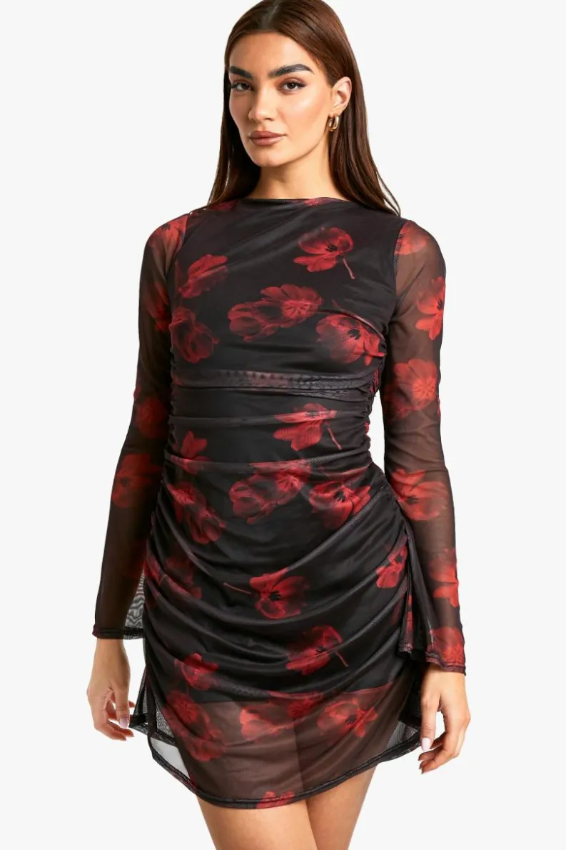 Bodycon Dresses*boohoo Floral Mesh Ruched Mini Dress chocolate