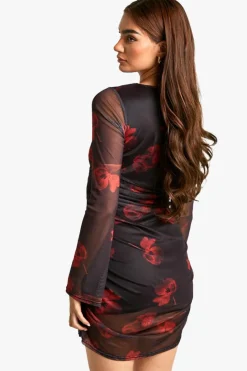 Bodycon Dresses*boohoo Floral Mesh Ruched Mini Dress chocolate