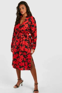 Shirt Dresses*boohoo Floral Midaxi Shirt Dress red