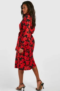 Shirt Dresses*boohoo Floral Midaxi Shirt Dress red