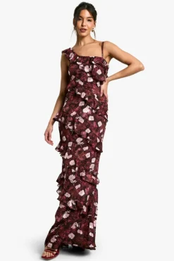 Maxi Dresses|Dresses*boohoo Floral One Shoulder Ruffle Maxi Dress merlot