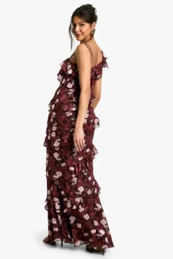 Maxi Dresses|Dresses*boohoo Floral One Shoulder Ruffle Maxi Dress merlot