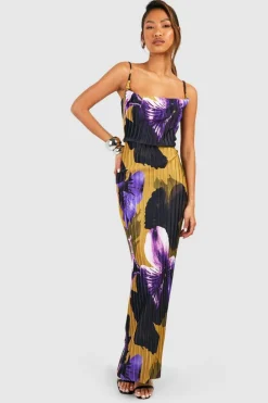 Cami Dresses|Maxi Dresses*boohoo Floral Plisse Strappy Maxi Dress purple