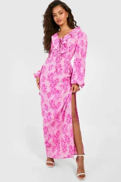 Skater Dresses|Maxi Dresses*boohoo Floral Plunge Ruffle Maxi Dress pink