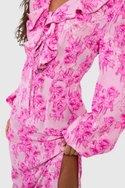 Skater Dresses|Maxi Dresses*boohoo Floral Plunge Ruffle Maxi Dress pink