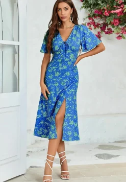 Midi Dresses*FS Collection Floral Print Angel Sleeve Midi Dress Blue