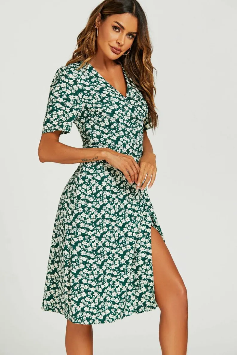 Midi Dresses*FS Collection Floral Print Button Tea Midi Dress In Green