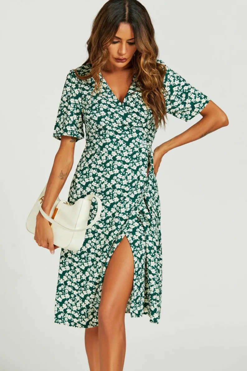Midi Dresses*FS Collection Floral Print Button Tea Midi Dress In Green