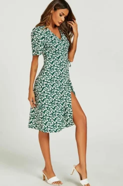 Midi Dresses*FS Collection Floral Print Button Tea Midi Dress In Green