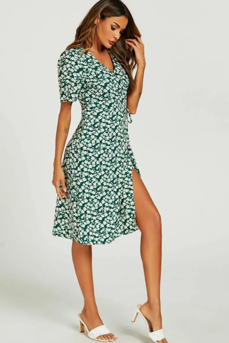 Midi Dresses*FS Collection Floral Print Button Tea Midi Dress In Green