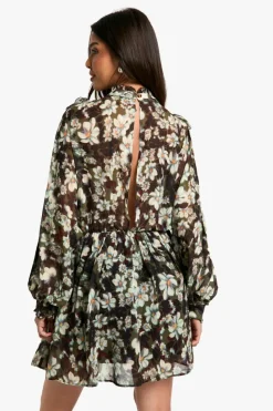 Skater Dresses*boohoo Print Chiffon Long Sleeve Mini Dress floral