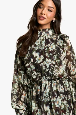 Skater Dresses*boohoo Print Chiffon Long Sleeve Mini Dress floral
