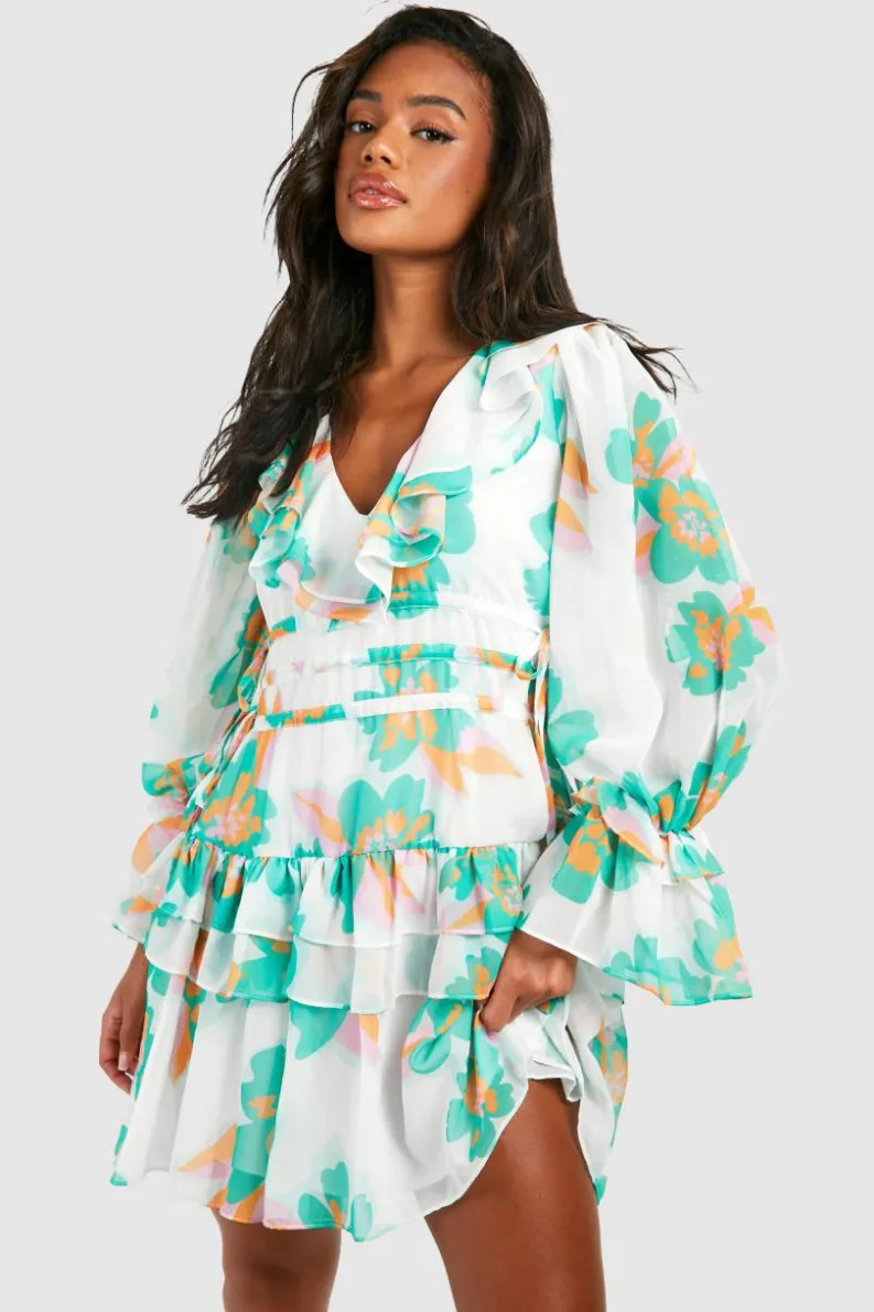 Skater Dresses*boohoo Floral Print Chiffon Ruffle Smock Dress white