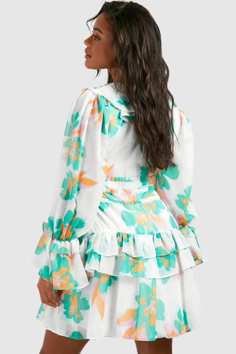 Skater Dresses*boohoo Floral Print Chiffon Ruffle Smock Dress white