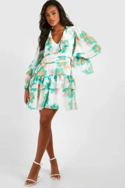 Skater Dresses*boohoo Floral Print Chiffon Ruffle Smock Dress white