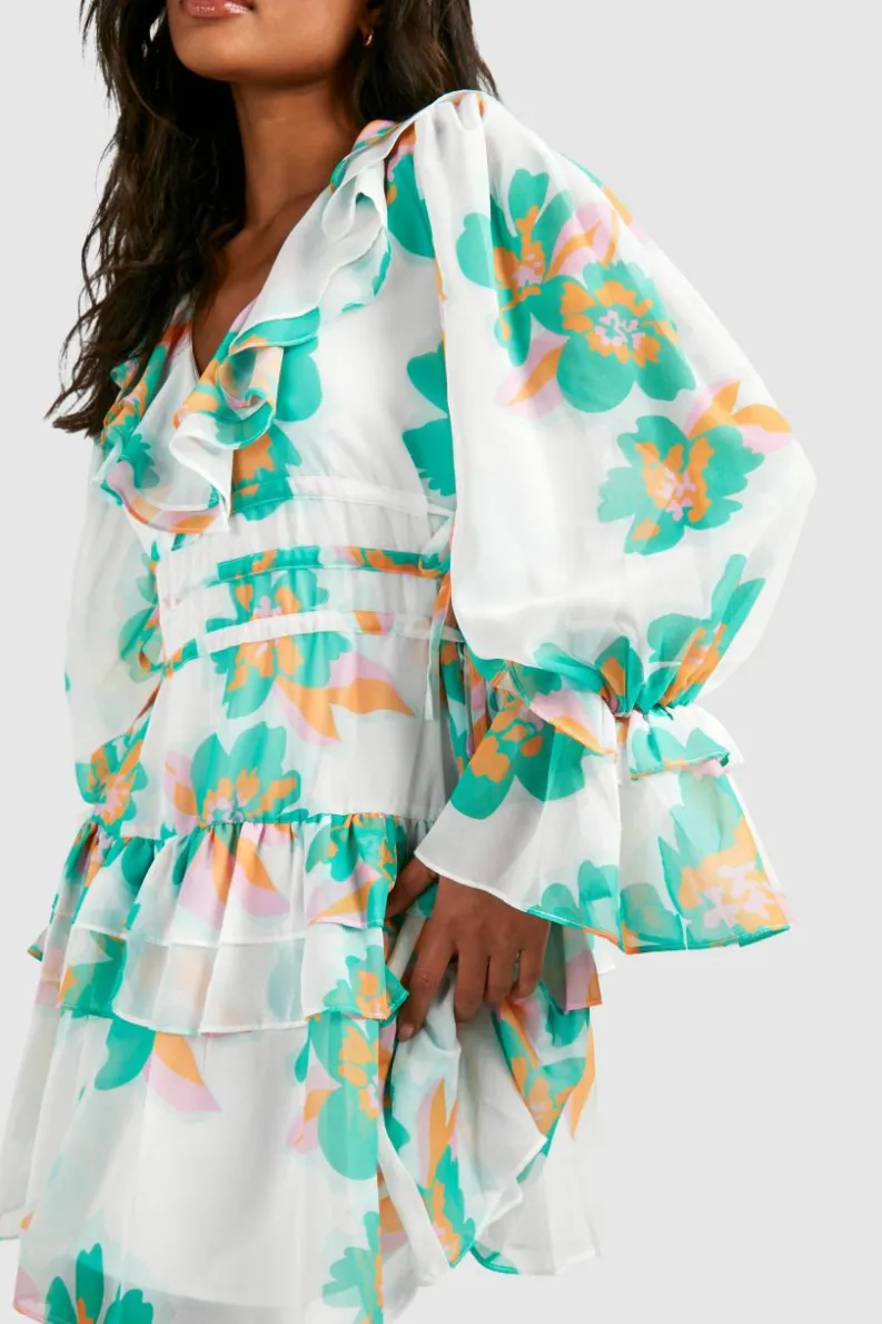 Skater Dresses*boohoo Floral Print Chiffon Ruffle Smock Dress white