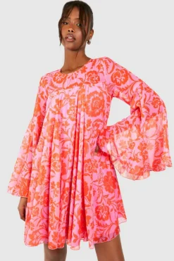 Smock Dresses*boohoo Floral Print Flared Sleeve Smock Dress pink