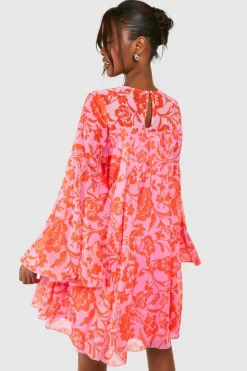Smock Dresses*boohoo Floral Print Flared Sleeve Smock Dress pink
