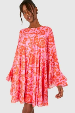 Smock Dresses*boohoo Floral Print Flared Sleeve Smock Dress pink