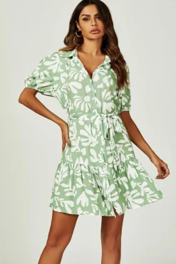 Shirt Dresses*FS Collection Floral Print Hem Tiered Shirt Mini Dress In Green
