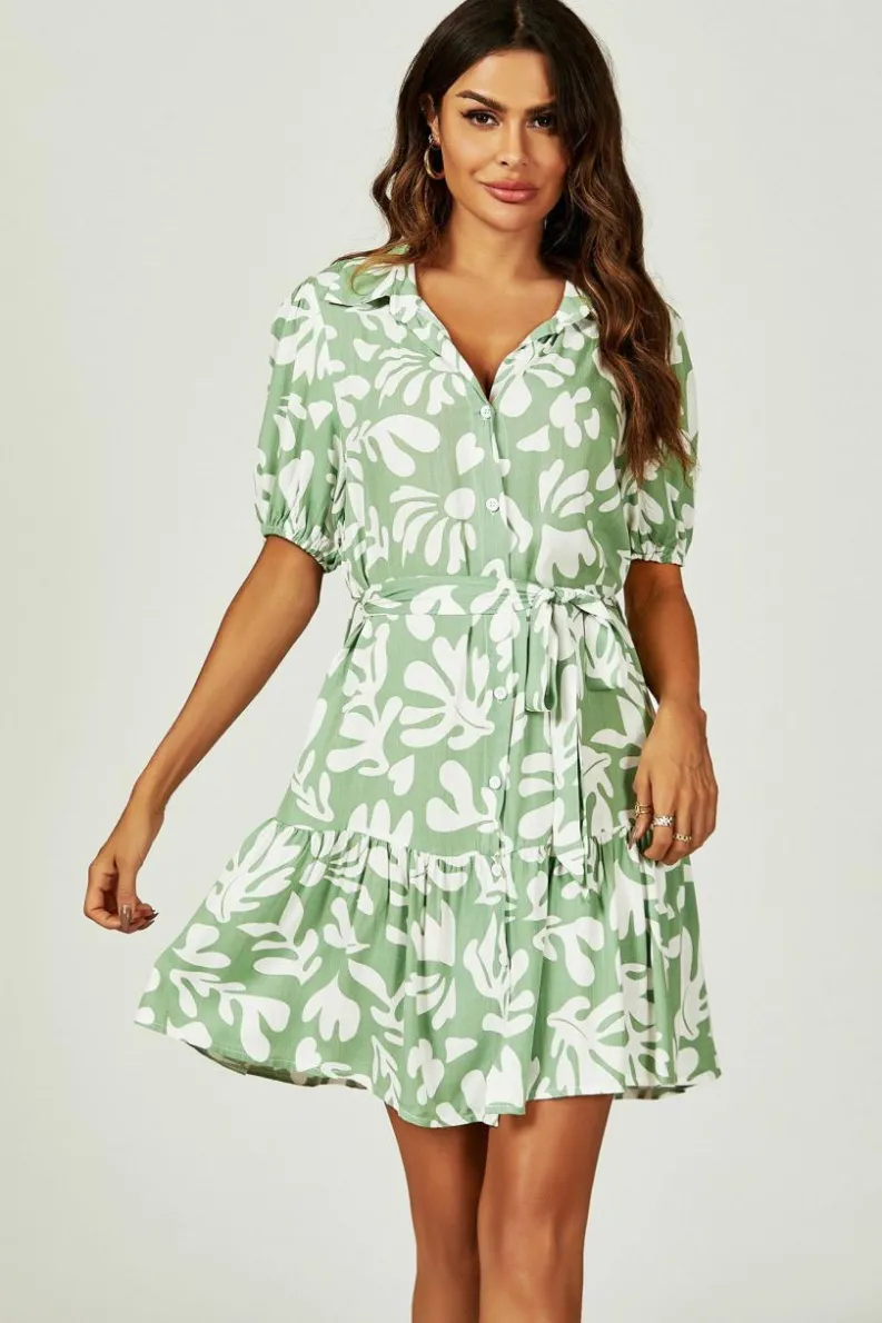 Shirt Dresses*FS Collection Floral Print Hem Tiered Shirt Mini Dress In Green
