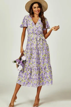 Wrap Dresses*FS Collection Floral Print Hem Tiered Wrap Midi Dress In Purple