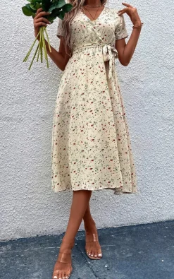 Wrap Dresses|Midi Dresses*FS Collection Floral Print High Waist Wrap Midi Dress In Beige