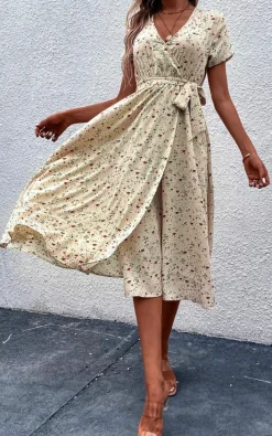 Wrap Dresses|Midi Dresses*FS Collection Floral Print High Waist Wrap Midi Dress In Beige