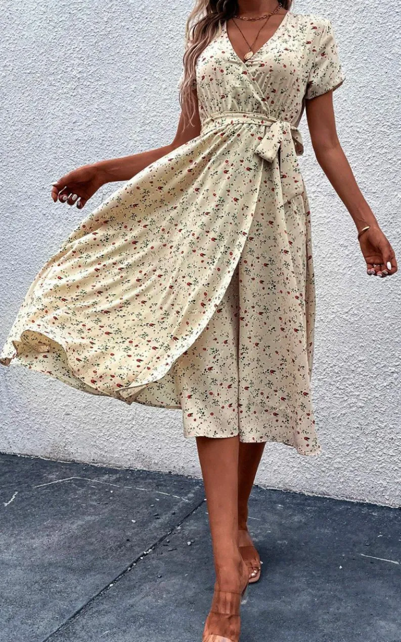 Wrap Dresses|Midi Dresses*FS Collection Floral Print High Waist Wrap Midi Dress In Beige
