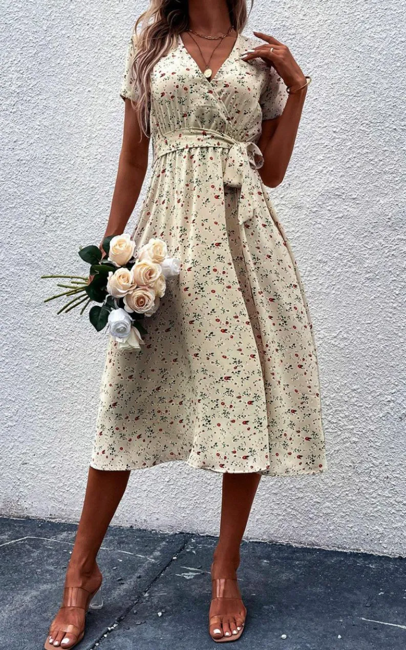 Wrap Dresses|Midi Dresses*FS Collection Floral Print High Waist Wrap Midi Dress In Beige