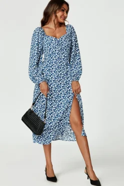 Midi Dresses*FS Collection Floral Print Long Sleeve Heart Neckline Midi Dress In Blue