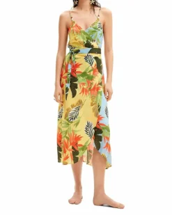 Wrap Dresses*Desigual Floral Print Maxi Dress Wrap Style Yellow
