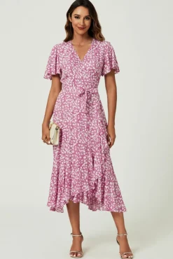 Wrap Dresses*FS Collection Floral Print Midi Wrap Dress In Pink