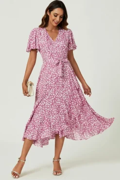 Wrap Dresses*FS Collection Floral Print Midi Wrap Dress In Pink