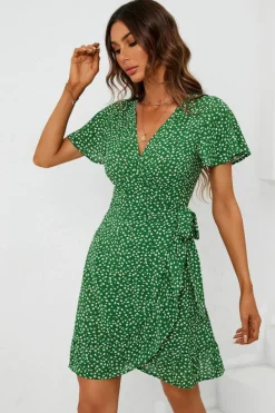 Wrap Dresses*FS Collection Floral Print Mini Wrap Dress In Green